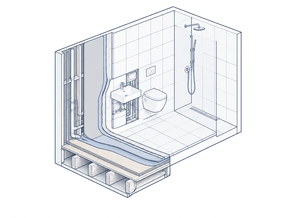 Cutaway line drawing of a bathroom showing joists, plywood sub-floor, waterproofing, tiles and concealed pipework