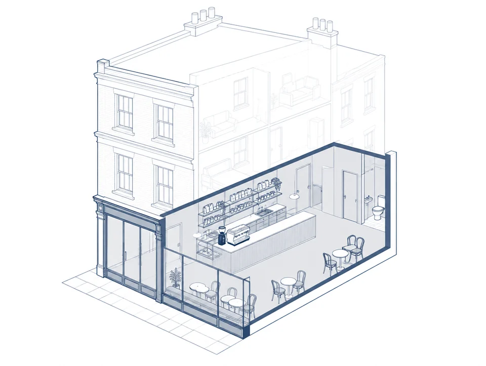 Cutaway line drawing of a coffee shop on the ground floor of a building with flats above