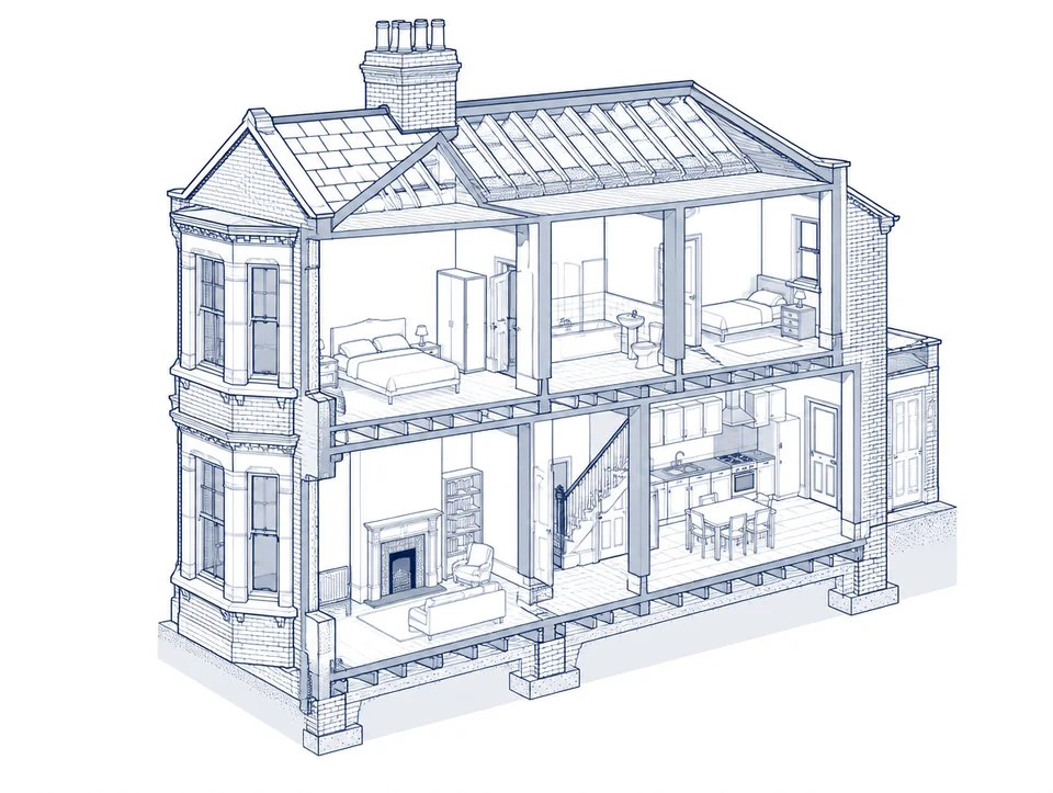 Sectional line drawing of a two-storey Victorian terraced house showing every room, floor and the roof