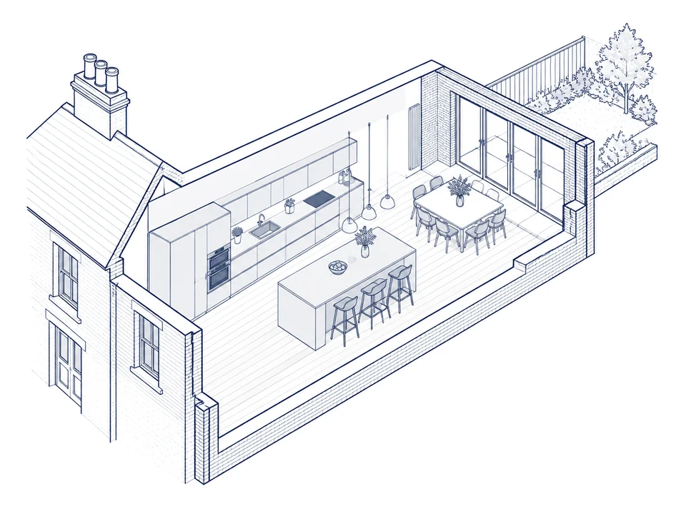 Cutaway line drawing of a kitchen-diner with island, fitted units and dining table by garden doors