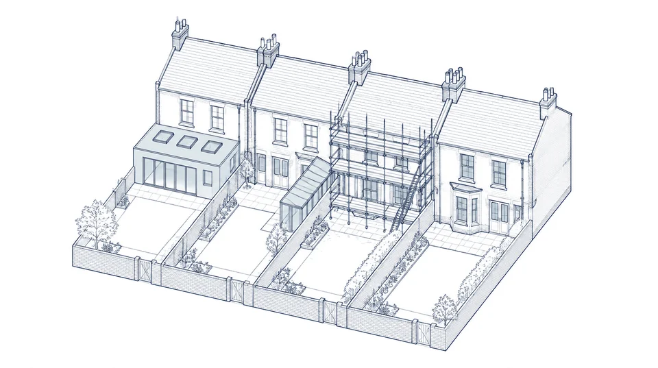 Line drawing of a row of terraced houses, one with a rear extension, one with a side-return and one under refurbishment