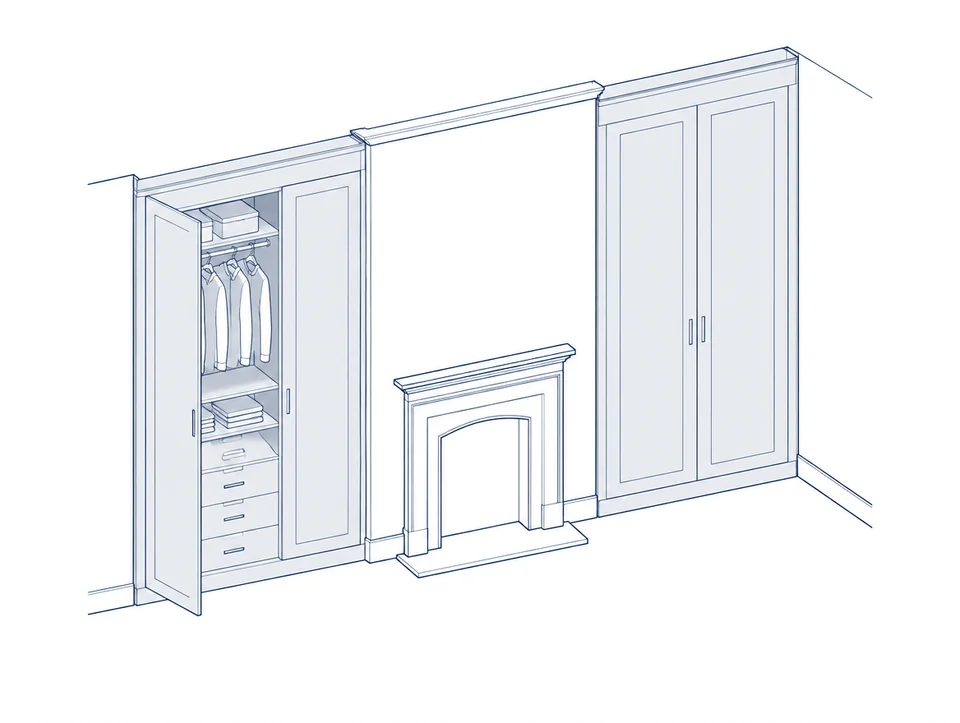 Line drawing of fitted wardrobes built into the alcoves either side of a chimney breast