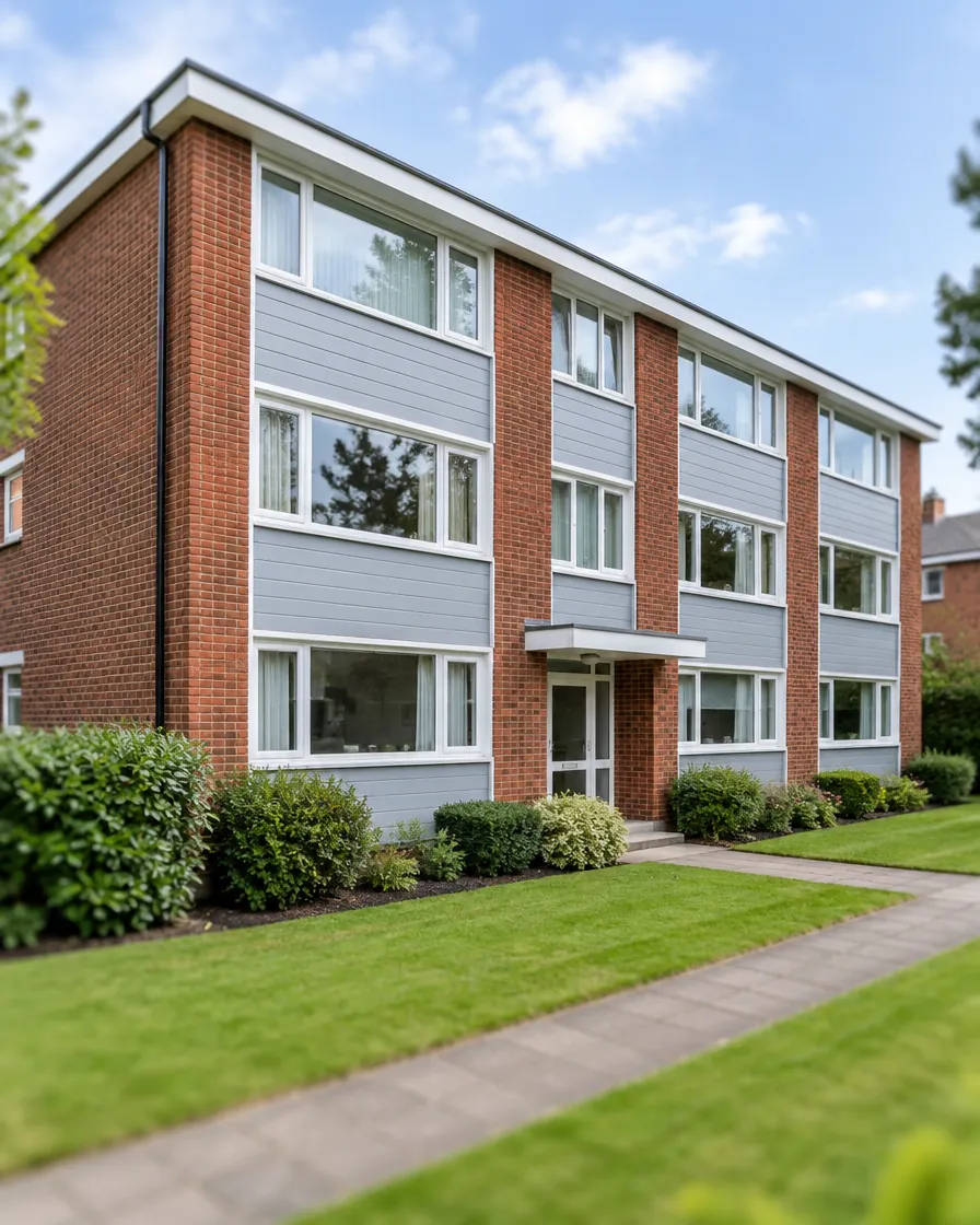 Three-storey brick residential block with new grey cladding and painted window surrounds