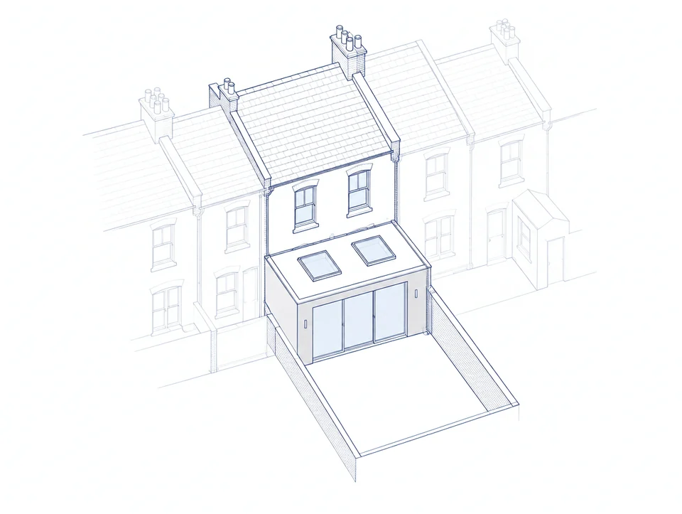 Drawing of a terraced house with a single-storey extension across the back, with rooflights and sliding doors