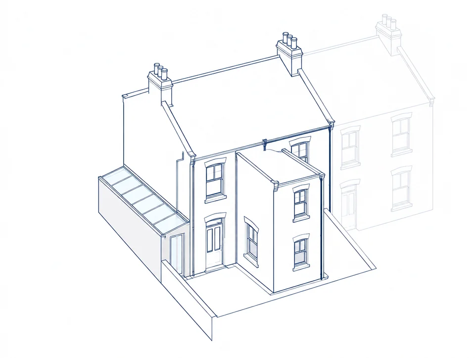 Drawing of a terraced house with a glazed-roof extension filling the side passage beside the back addition