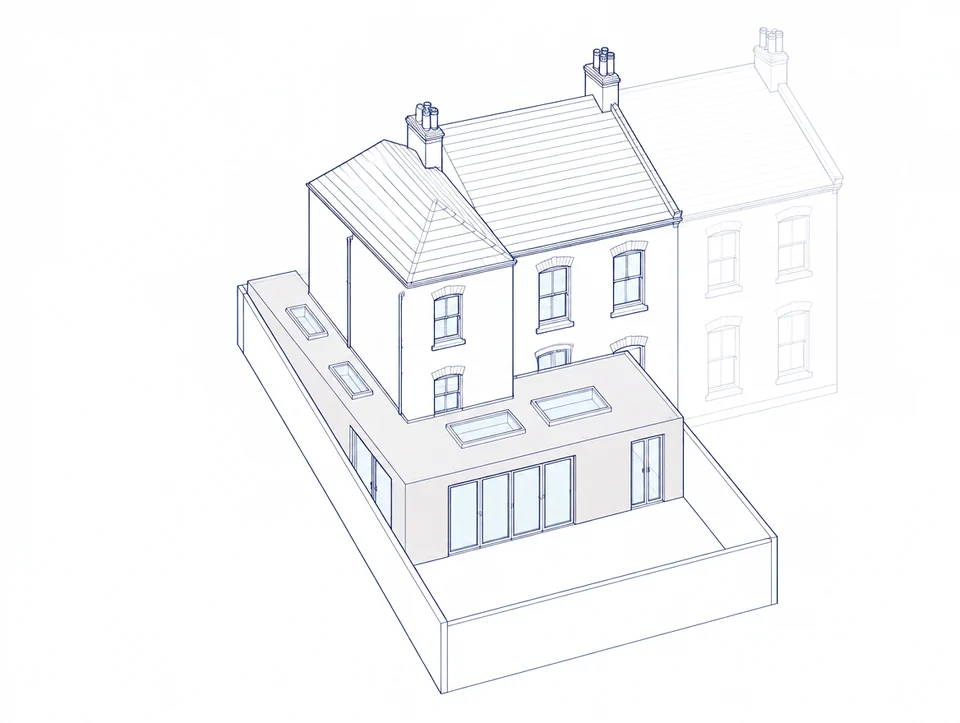 Drawing of a house with an L-shaped single-storey extension wrapping around the side and back