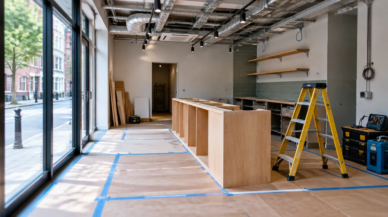 A café unit during fit-out, with counter joinery being installed and the ceiling open