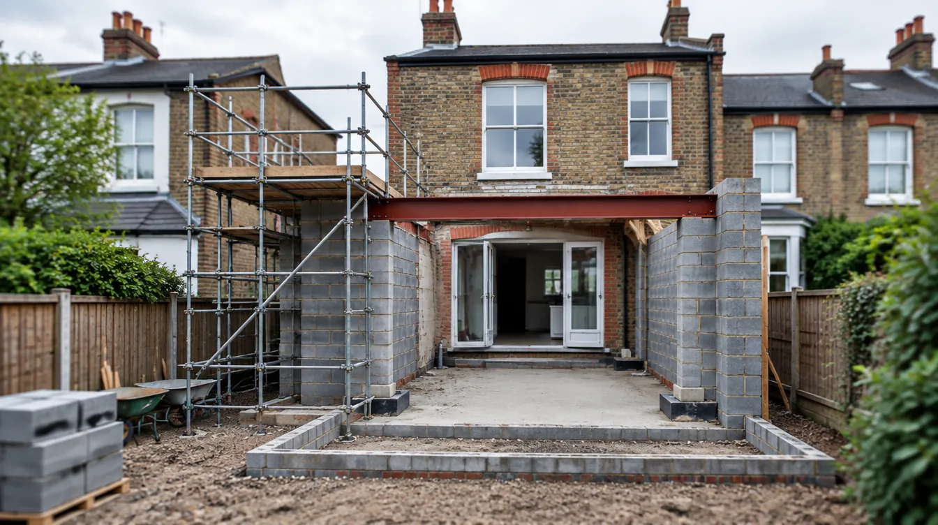 A single-storey rear extension under construction behind a London terraced house, with blockwork walls and a steel beam in place