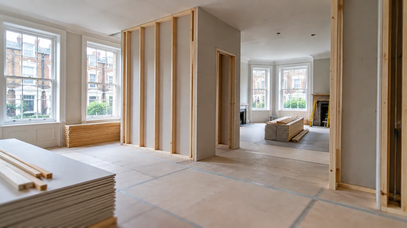 A London house interior part way through renovation, with bare plaster walls and new joists