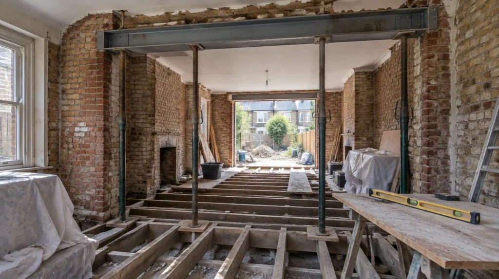 Steel beam installed during a structural house renovation in a London Victorian terrace