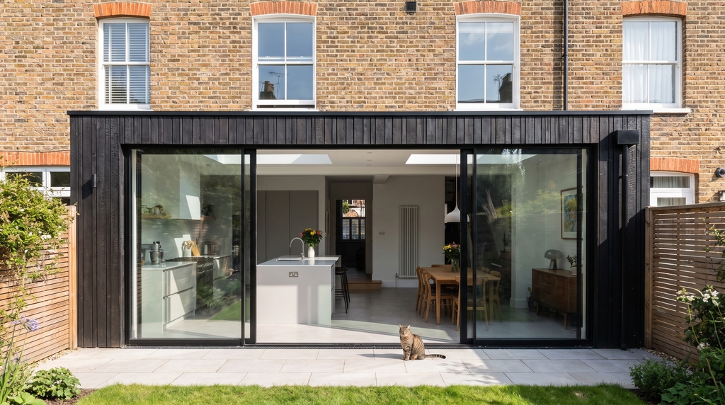 Completed rear kitchen extension with glazed sliding doors on a period London house