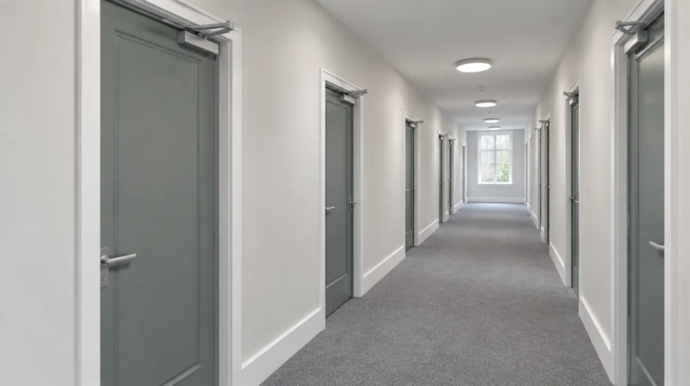 A communal corridor in a block of flats with a row of matching flat entrance fire doors fitted with overhead door closers